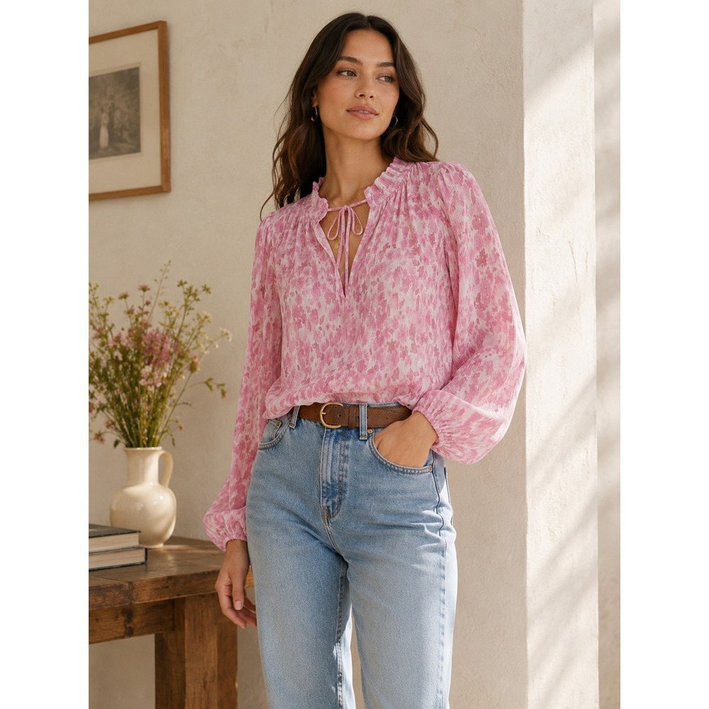 GANNI Pink Floral Pleated Blouse Sz 8 Romantic Puff Sleeve Sheer Tie Neck Top